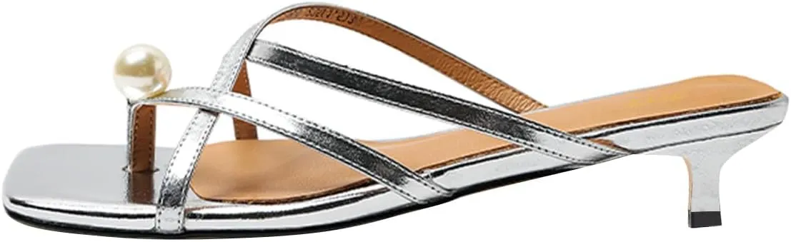 FOWT Women Square Open Toe Mules Slip on Kitten Low Heels Toe Ring Pearl Casual Indoor Outdoor Shoes Size 4-16 US
