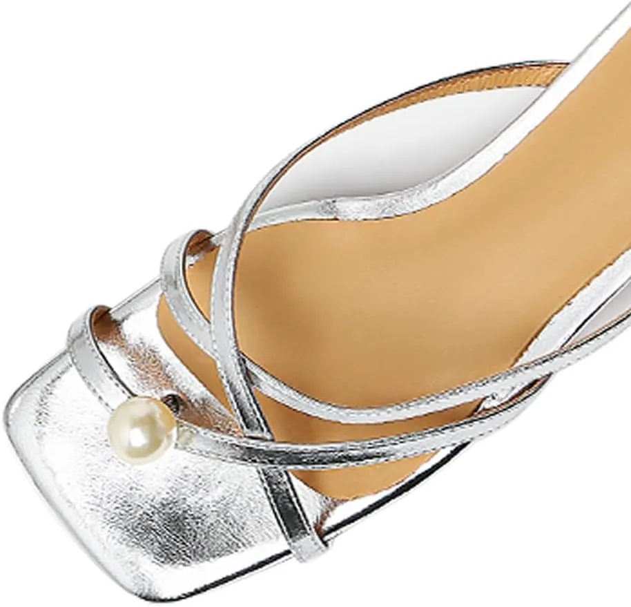 FOWT Women Square Open Toe Mules Slip on Kitten Low Heels Toe Ring Pearl Casual Indoor Outdoor Shoes Size 4-16 US