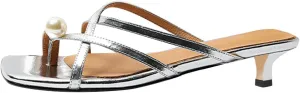 FOWT Women Square Open Toe Mules Slip on Kitten Low Heels Toe Ring Pearl Casual Indoor Outdoor Shoes Size 4-16 US