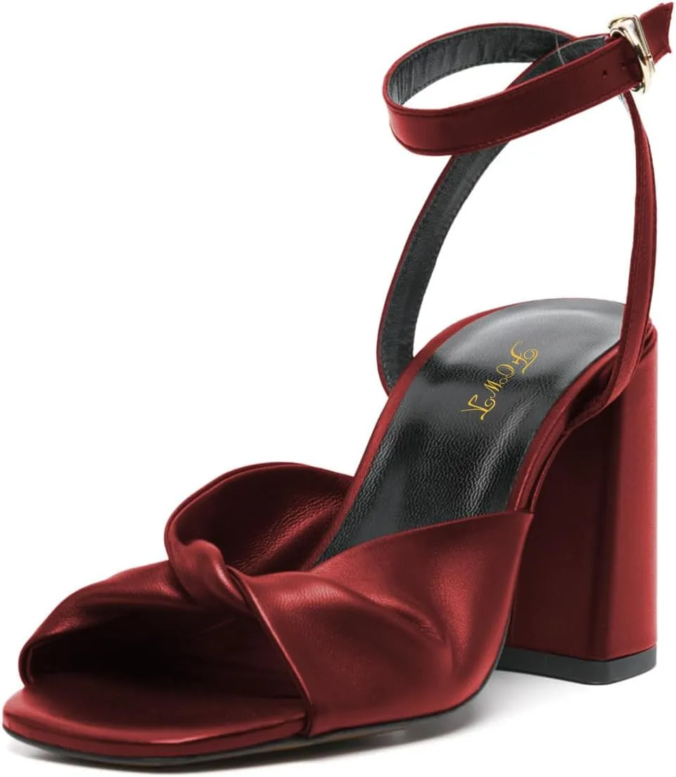 FOWT Women Square Open Toe Sandals Ankle Strap Chunky Block High Heels Fashion Knot Party Club Shoes Size 4-16 US