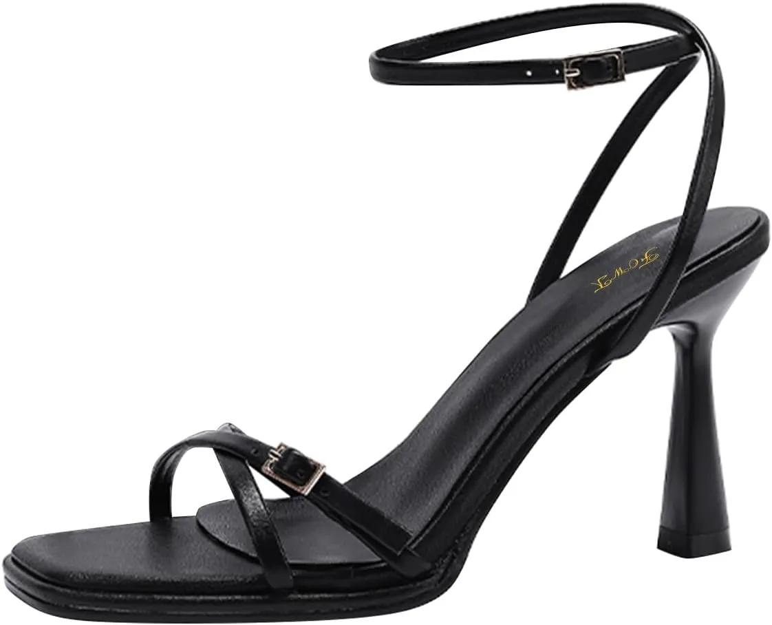 FOWT Women Square Open Toe Sandals Ankle Strap Stiletto High Heels Sexy Strappy Party Club Shoes Size 4-16 US