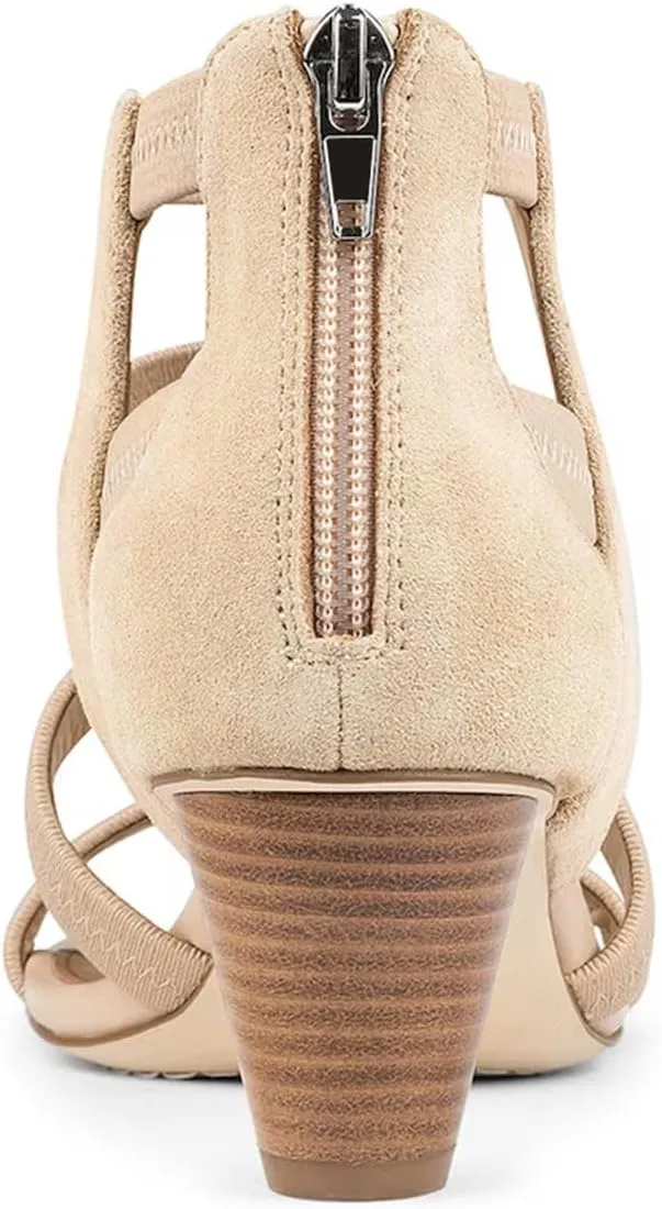 FOWT Women Square Open Toe Sandals Cone Mid Heel Gladiator Back Zipper Strappy Casual Summer Shoes Size 4-16 US