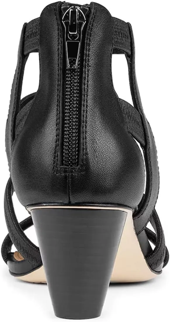 FOWT Women Square Open Toe Sandals Cone Mid Heel Gladiator Back Zipper Strappy Casual Summer Shoes Size 4-16 US