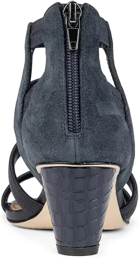 FOWT Women Square Open Toe Sandals Cone Mid Heel Gladiator Back Zipper Strappy Casual Summer Shoes Size 4-16 US