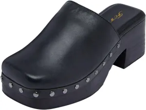 FOWT Women Square Toe Slip on Muels Rivet Studded Chunky Mid Heel Slippers Beach Casual Dressy Fashion Shoes Size 4-16 US