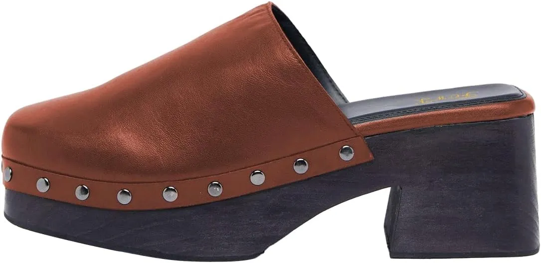 FOWT Women Square Toe Slip on Muels Rivet Studded Chunky Mid Heel Slippers Beach Casual Dressy Fashion Shoes Size 4-16 US