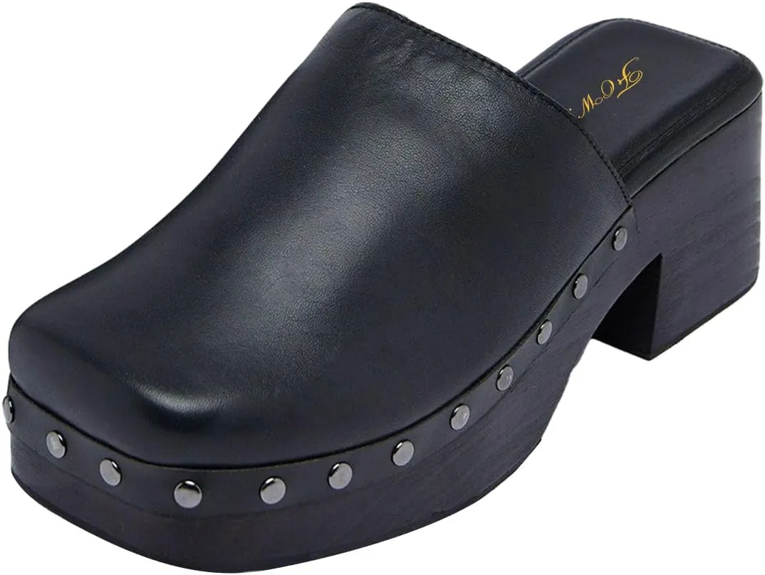 FOWT Women Square Toe Slip on Muels Rivet Studded Chunky Mid Heel Slippers Beach Casual Dressy Fashion Shoes Size 4-16 US