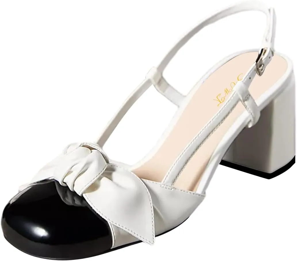 FOWT Women Two Tone Bow Pumps Round Toe Chunky Mid Heel Slingbacks Slip on Office School Uniform Shoes Size 4-16 US