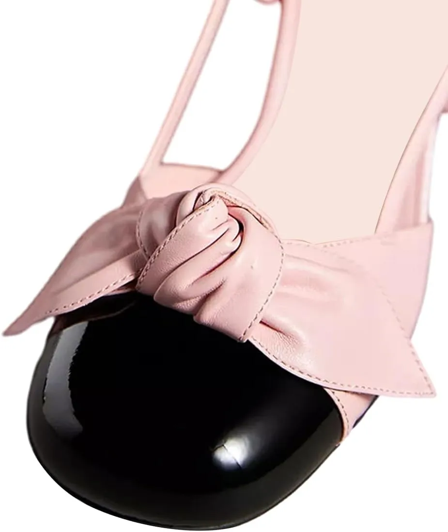 FOWT Women Two Tone Bow Pumps Round Toe Chunky Mid Heel Slingbacks Slip on Office School Uniform Shoes Size 4-16 US
