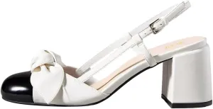 FOWT Women Two Tone Bow Pumps Round Toe Chunky Mid Heel Slingbacks Slip on Office School Uniform Shoes Size 4-16 US