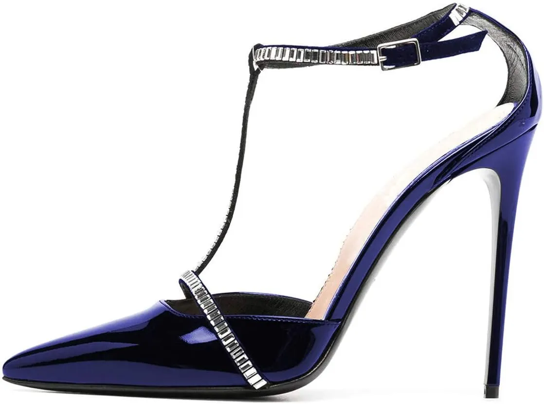 FOWT Women's Elegant Glossy Pointed Toe Pumps Decor T Straps D'orsay Stiletto High Heels Ankle Strap Sandals Bridals Party Dress Shoes Size 4-15 M US