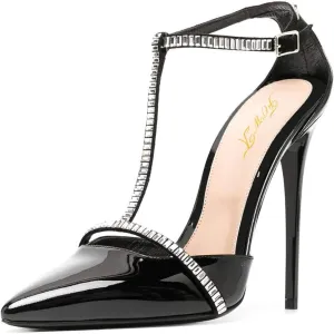 FOWT Women's Elegant Glossy Pointed Toe Pumps Decor T Straps D'orsay Stiletto High Heels Ankle Strap Sandals Bridals Party Dress Shoes Size 4-15 M US