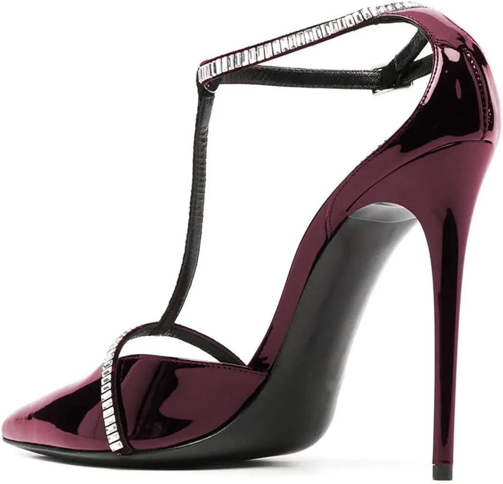 FOWT Women's Elegant Glossy Pointed Toe Pumps Decor T Straps D'orsay Stiletto High Heels Ankle Strap Sandals Bridals Party Dress Shoes Size 4-15 M US