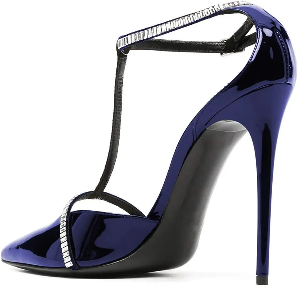 FOWT Women's Elegant Glossy Pointed Toe Pumps Decor T Straps D'orsay Stiletto High Heels Ankle Strap Sandals Bridals Party Dress Shoes Size 4-15 M US