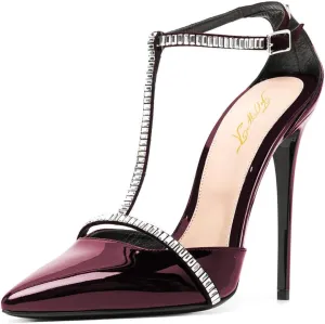 FOWT Women's Elegant Glossy Pointed Toe Pumps Decor T Straps D'orsay Stiletto High Heels Ankle Strap Sandals Bridals Party Dress Shoes Size 4-15 M US