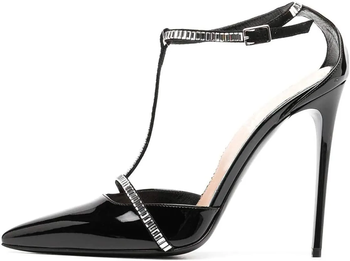 FOWT Women's Elegant Glossy Pointed Toe Pumps Decor T Straps D'orsay Stiletto High Heels Ankle Strap Sandals Bridals Party Dress Shoes Size 4-15 M US