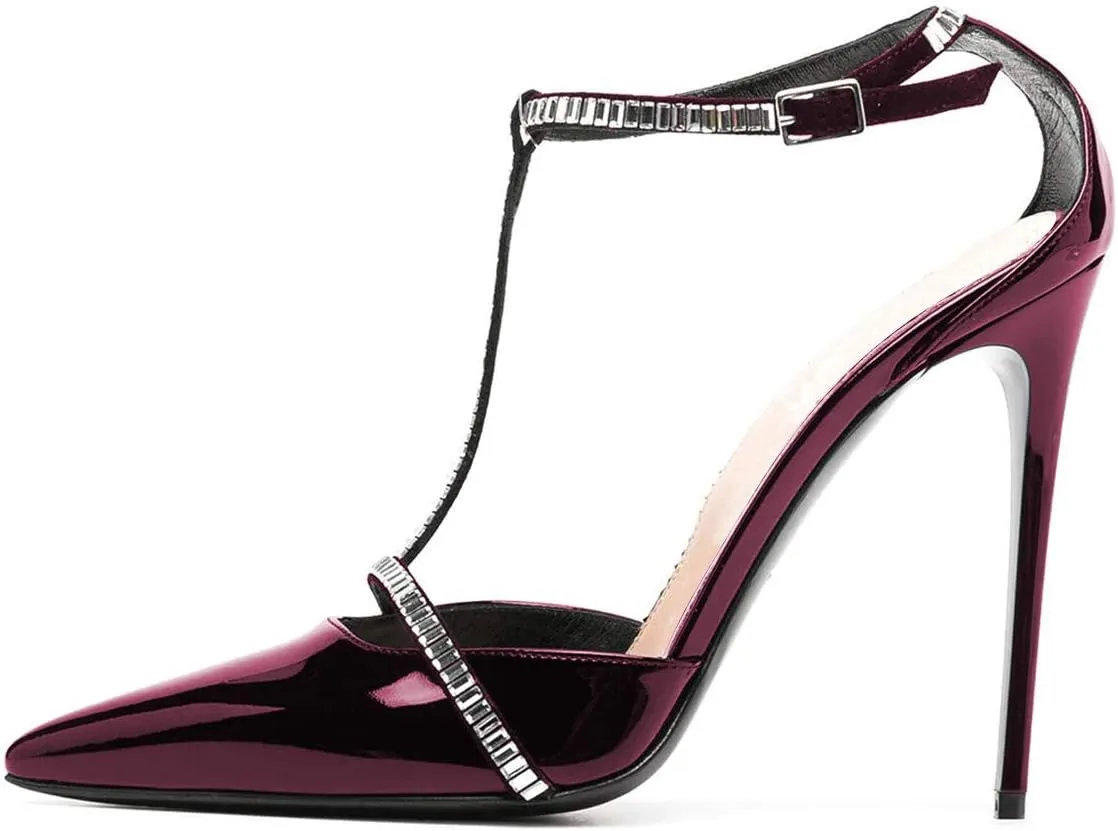 FOWT Women's Elegant Glossy Pointed Toe Pumps Decor T Straps D'orsay Stiletto High Heels Ankle Strap Sandals Bridals Party Dress Shoes Size 4-15 M US