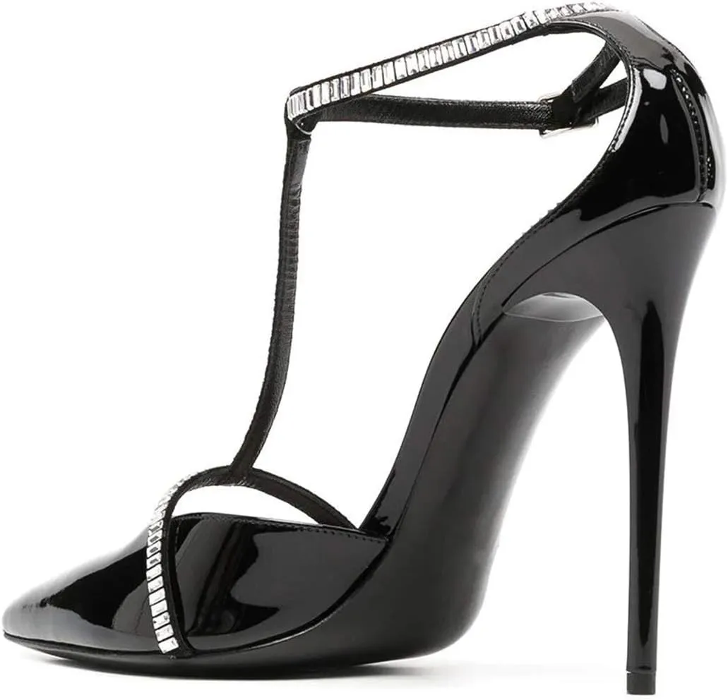 FOWT Women's Elegant Glossy Pointed Toe Pumps Decor T Straps D'orsay Stiletto High Heels Ankle Strap Sandals Bridals Party Dress Shoes Size 4-15 M US