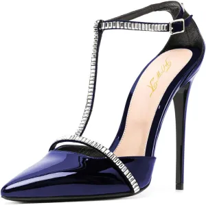 FOWT Women's Elegant Glossy Pointed Toe Pumps Decor T Straps D'orsay Stiletto High Heels Ankle Strap Sandals Bridals Party Dress Shoes Size 4-15 M US