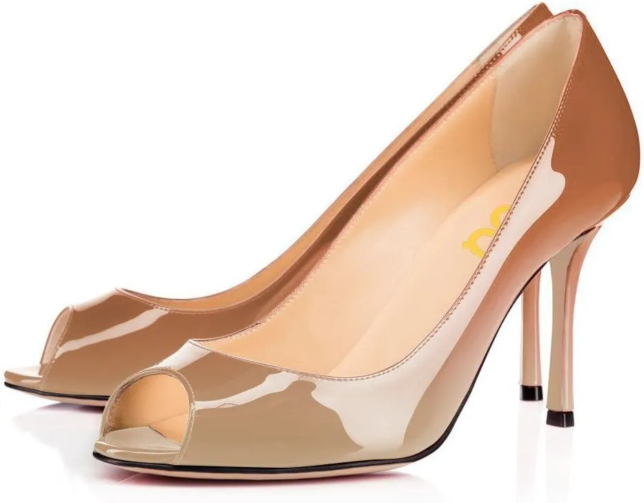 FSJ Women Flattering Peep Toe Party Dress Shoes Glossy Patent Stiletto High Heel Pumps Size 4-15 US
