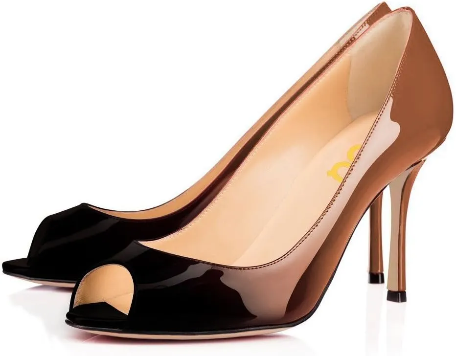 FSJ Women Flattering Peep Toe Party Dress Shoes Glossy Patent Stiletto High Heel Pumps Size 4-15 US