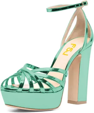 FSJ Women Glossy Peep Toe Platform Sandals Chunky High Heel Ankle Strap Buckle Party Dress Summer Ladies Shoes Size 4-15 US