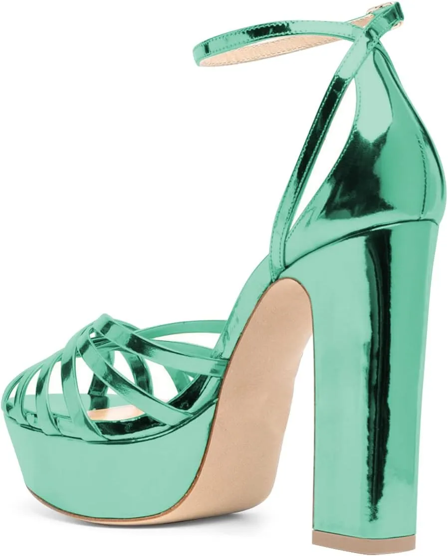 FSJ Women Glossy Peep Toe Platform Sandals Chunky High Heel Ankle Strap Buckle Party Dress Summer Ladies Shoes Size 4-15 US