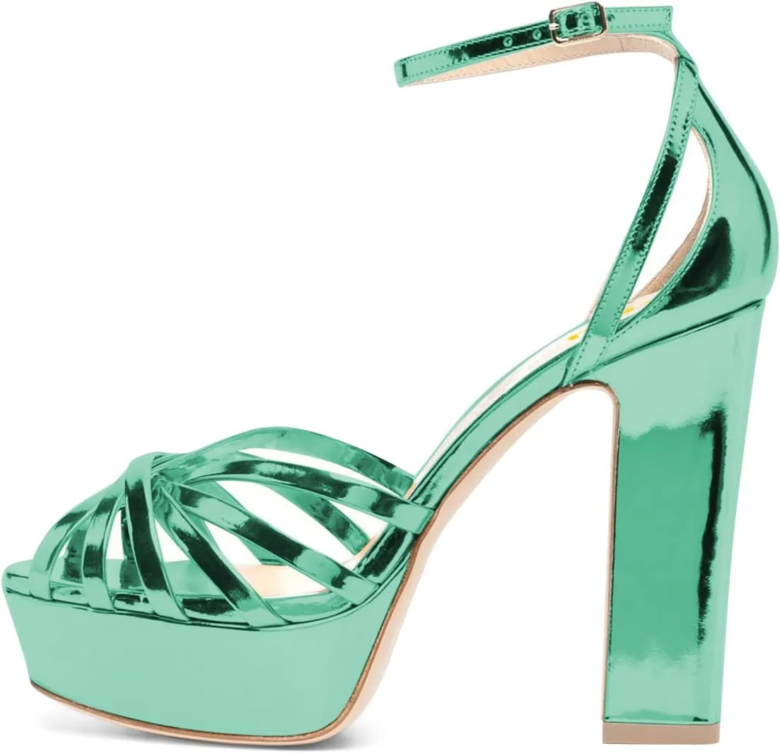 FSJ Women Glossy Peep Toe Platform Sandals Chunky High Heel Ankle Strap Buckle Party Dress Summer Ladies Shoes Size 4-15 US