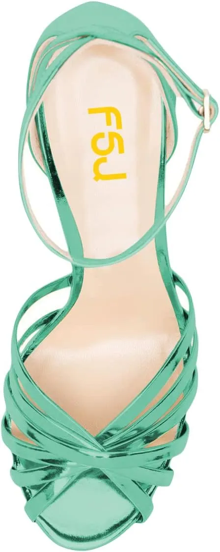 FSJ Women Glossy Peep Toe Platform Sandals Chunky High Heel Ankle Strap Buckle Party Dress Summer Ladies Shoes Size 4-15 US