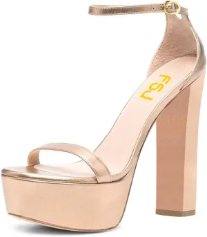 FSJ Women Glossy Single Strap Open Toe Platform Sandals Chunky High Heel Ankle Strap Summer Party Prom Dress Shoes Size 4-15 US