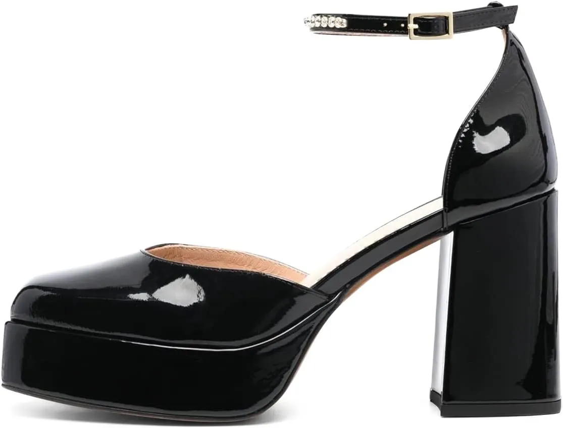 FSJ Women Glossy Square Toe Platform Pumps Block Chunky High Heel Ankle Strap Buckle Party Evening Dress Shoes Size 4-15 US