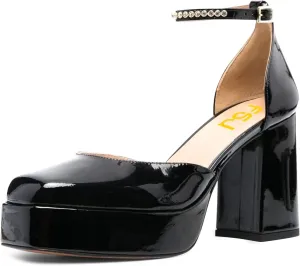 FSJ Women Glossy Square Toe Platform Pumps Block Chunky High Heel Ankle Strap Buckle Party Evening Dress Shoes Size 4-15 US