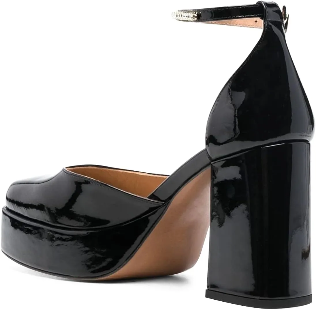 FSJ Women Glossy Square Toe Platform Pumps Block Chunky High Heel Ankle Strap Buckle Party Evening Dress Shoes Size 4-15 US