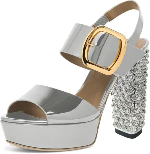 FSJ Women Gorgeous Glossy Peep Toe Platform Sandals Inlay Rhinestone Chunky High Heel Ankle Strap Summer Party Prom Dress Shoes Size 4-15 US