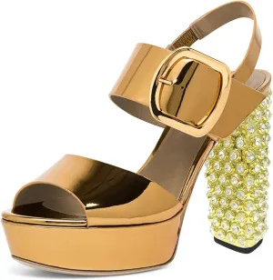 FSJ Women Gorgeous Glossy Peep Toe Platform Sandals Inlay Rhinestone Chunky High Heel Ankle Strap Summer Party Prom Dress Shoes Size 4-15 US