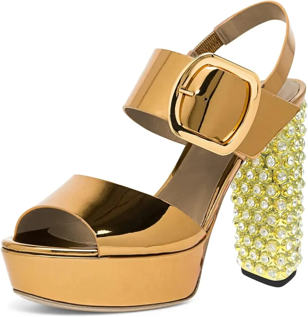FSJ Women Gorgeous Glossy Peep Toe Platform Sandals Inlay Rhinestone Chunky High Heel Ankle Strap Summer Party Prom Dress Shoes Size 4-15 US