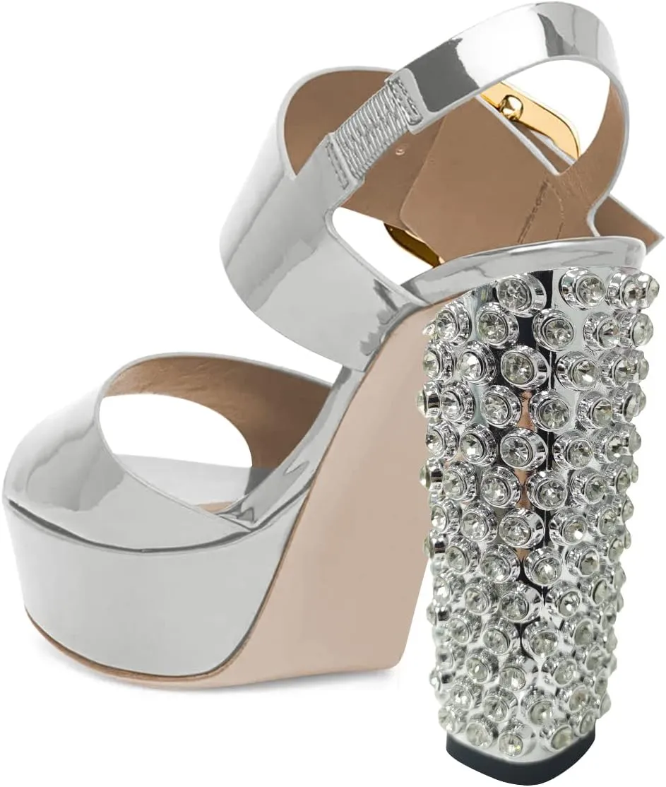 FSJ Women Gorgeous Glossy Peep Toe Platform Sandals Inlay Rhinestone Chunky High Heel Ankle Strap Summer Party Prom Dress Shoes Size 4-15 US