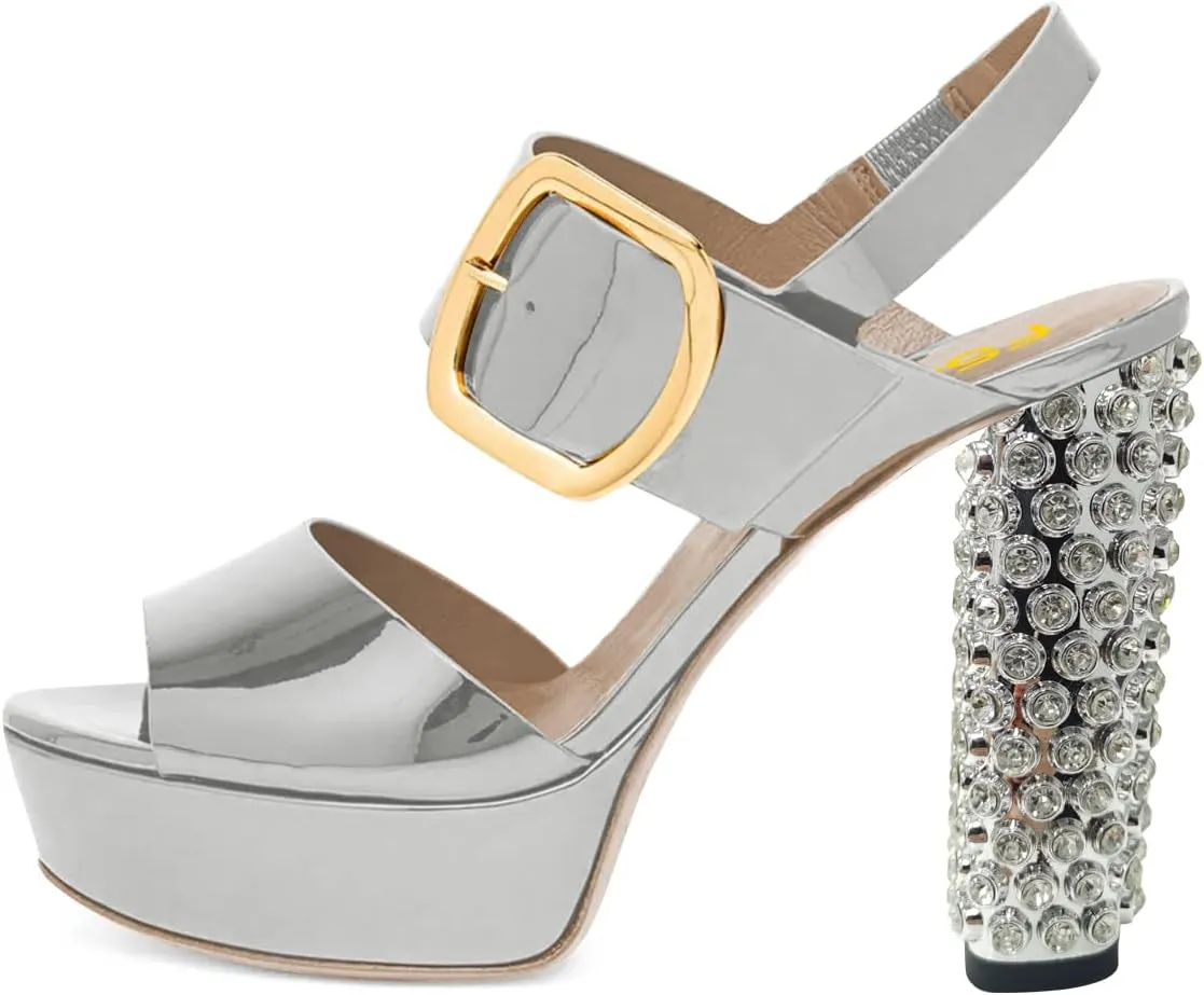 FSJ Women Gorgeous Glossy Peep Toe Platform Sandals Inlay Rhinestone Chunky High Heel Ankle Strap Summer Party Prom Dress Shoes Size 4-15 US