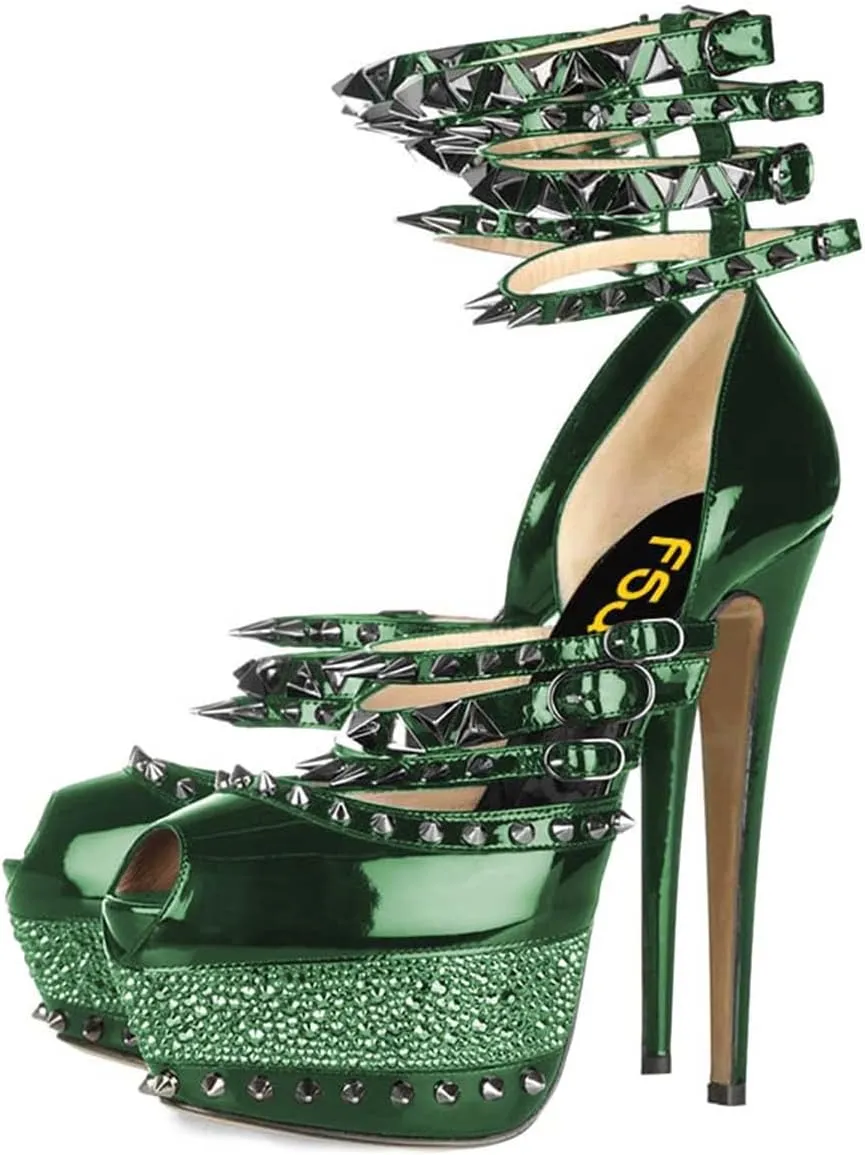 FSJ Women Sexy Studded Rivets Glossy Peep Toe Platform Sandals Stiletto Ultra High Heel Ankle Strap Party Prom Evening Dress Ladies Shoes Size 4-15 US