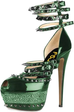 FSJ Women Sexy Studded Rivets Glossy Peep Toe Platform Sandals Stiletto Ultra High Heel Ankle Strap Party Prom Evening Dress Ladies Shoes Size 4-15 US