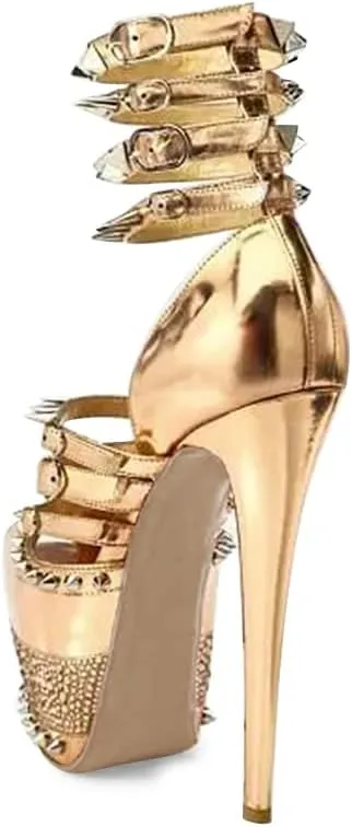 FSJ Women Sexy Studded Rivets Glossy Peep Toe Platform Sandals Stiletto Ultra High Heel Ankle Strap Party Prom Evening Dress Ladies Shoes Size 4-15 US