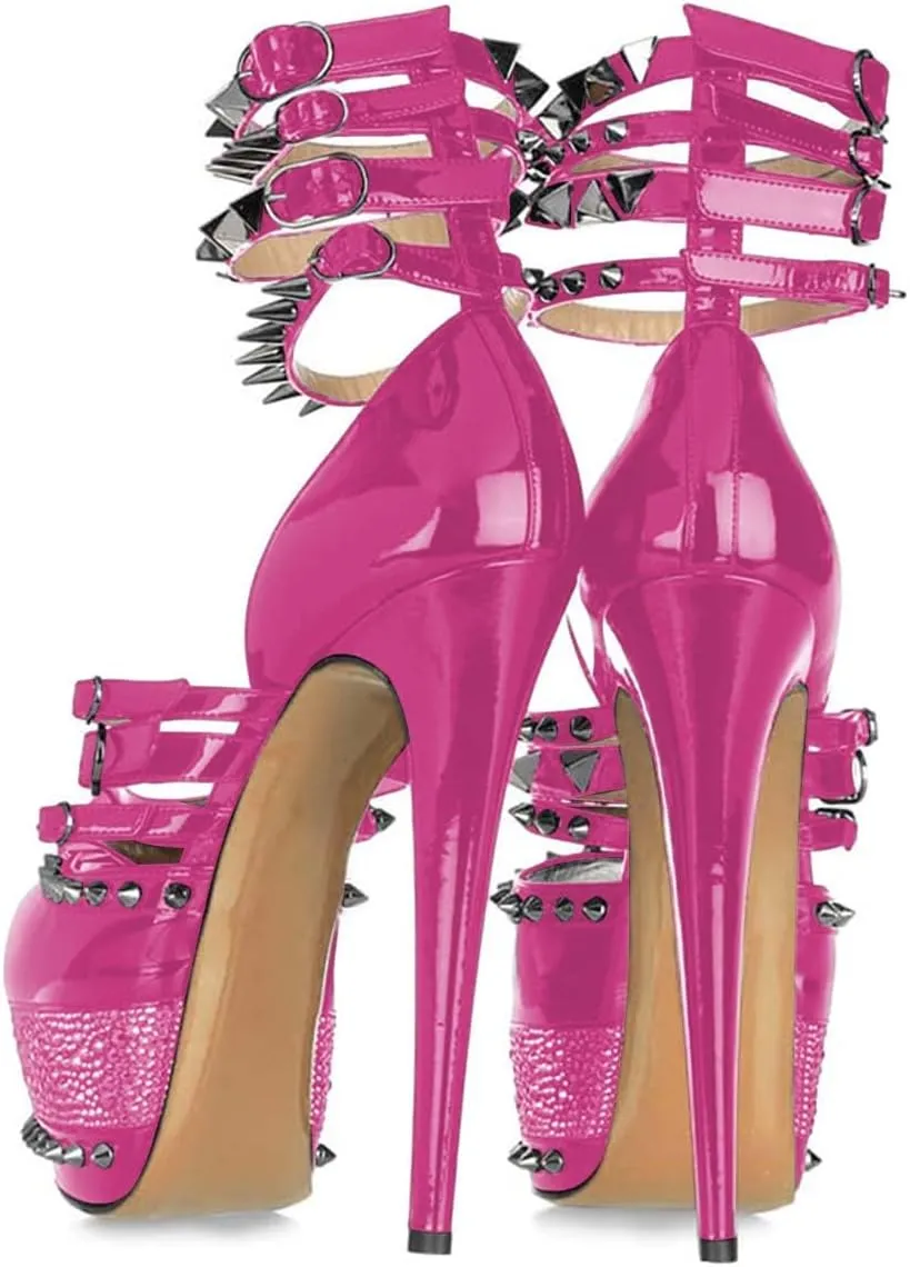 FSJ Women Sexy Studded Rivets Glossy Peep Toe Platform Sandals Stiletto Ultra High Heel Ankle Strap Party Prom Evening Dress Ladies Shoes Size 4-15 US