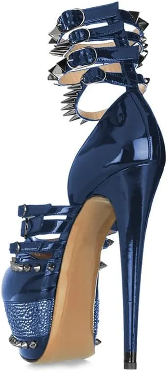 FSJ Women Sexy Studded Rivets Glossy Peep Toe Platform Sandals Stiletto Ultra High Heel Ankle Strap Party Prom Evening Dress Ladies Shoes Size 4-15 US