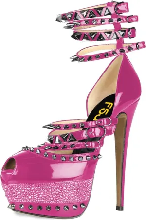 FSJ Women Sexy Studded Rivets Glossy Peep Toe Platform Sandals Stiletto Ultra High Heel Ankle Strap Party Prom Evening Dress Ladies Shoes Size 4-15 US