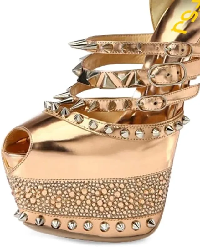 FSJ Women Sexy Studded Rivets Glossy Peep Toe Platform Sandals Stiletto Ultra High Heel Ankle Strap Party Prom Evening Dress Ladies Shoes Size 4-15 US