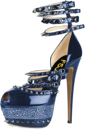 FSJ Women Sexy Studded Rivets Glossy Peep Toe Platform Sandals Stiletto Ultra High Heel Ankle Strap Party Prom Evening Dress Ladies Shoes Size 4-15 US