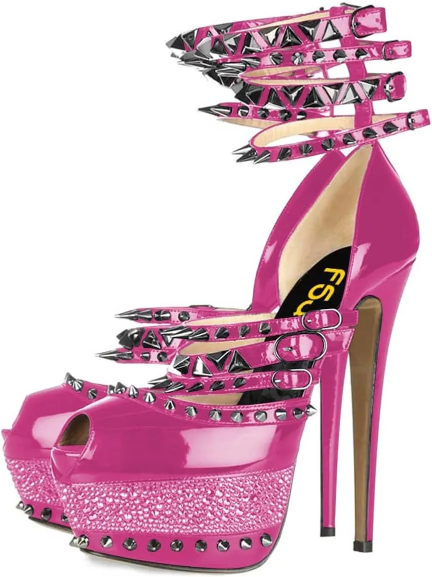 FSJ Women Sexy Studded Rivets Glossy Peep Toe Platform Sandals Stiletto Ultra High Heel Ankle Strap Party Prom Evening Dress Ladies Shoes Size 4-15 US