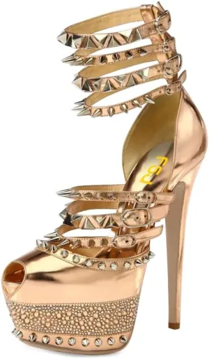 FSJ Women Sexy Studded Rivets Glossy Peep Toe Platform Sandals Stiletto Ultra High Heel Ankle Strap Party Prom Evening Dress Ladies Shoes Size 4-15 US