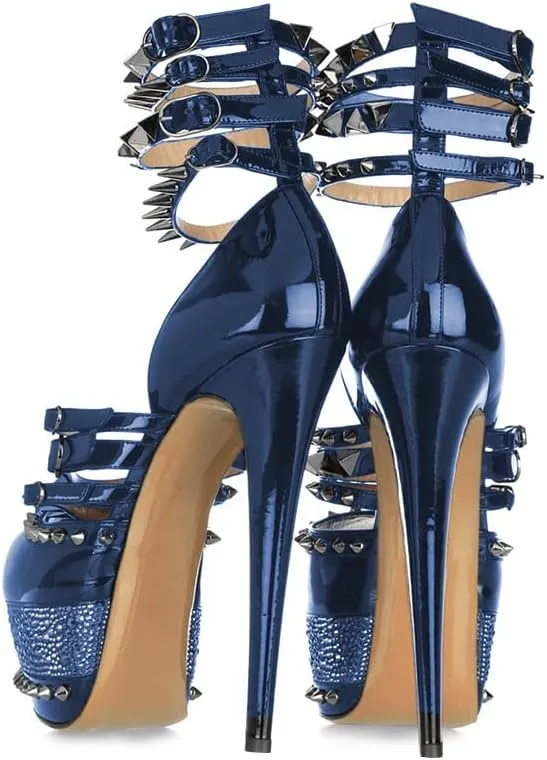 FSJ Women Sexy Studded Rivets Glossy Peep Toe Platform Sandals Stiletto Ultra High Heel Ankle Strap Party Prom Evening Dress Ladies Shoes Size 4-15 US