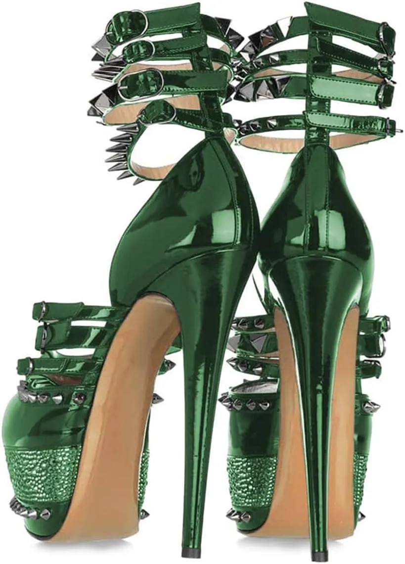 FSJ Women Sexy Studded Rivets Glossy Peep Toe Platform Sandals Stiletto Ultra High Heel Ankle Strap Party Prom Evening Dress Ladies Shoes Size 4-15 US